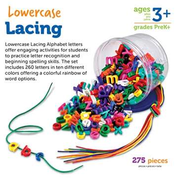 Learning Resources Lowercase Lacing Letters - 275 Pieces, Ages 3+, Toddler Alphabet Learning Toys, Letter Beads for Kids, Homeschool Supplies, Alphabet Beads, Early Spelling,Back to School Supplies