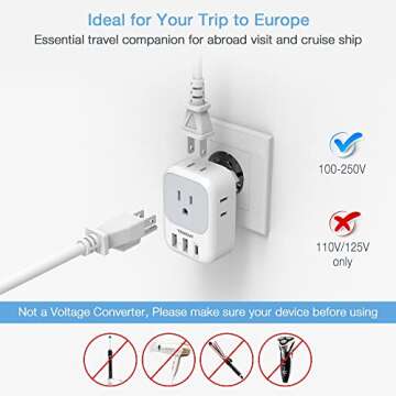 2 Pack European Travel Plug Adapter USB C, TESSAN US to Europe Plug Adapter with 4 Outlets 3 USB Charger (1 USB C Port), Type C Power Adaptor to Italy Spain France Portugal Iceland Germany, white gray