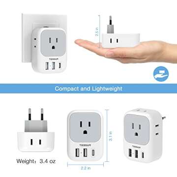 2 Pack European Travel Plug Adapter USB C, TESSAN US to Europe Plug Adapter with 4 Outlets 3 USB Charger (1 USB C Port), Type C Power Adaptor to Italy Spain France Portugal Iceland Germany, white gray