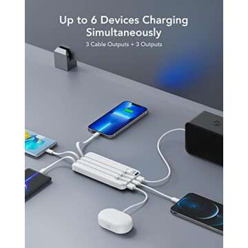 Portable Charger with Built in Cables, Portable Charger with Cords Wires Slim 10000mAh Travel Battery Pack 6 Outputs 3 Inputs 3A Fast Charging Power Bank for Samsung Google Pixel LG Moto iPhone iPad