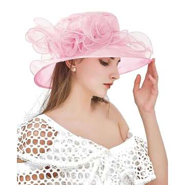 Z&X Organza Church Fascinator KY Derby Hats for Women Flower Wedding Tea Party Hat Wide Brim Sun Hat Light Pink