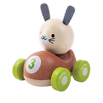 PlanToys Wooden Bunny Rabbit Racer Push and Pull Racing Car (5680) | Sustainably Made from Rubberwood and Non-Toxic Paints and Dyes | PlanWood