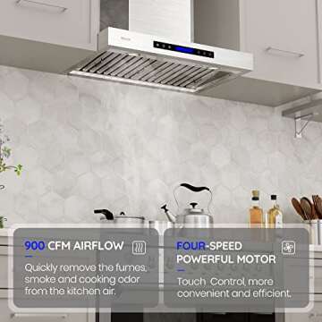 EKON Wall Mount Range Hood 30", 900 CFM Range Hood Stainless Steel Kitchen Hood Vent With 4 Speeds Touch Panel Control LCD Display and Remote / 2 Pcs 3W Led Lights / 2 Pcs Baffle Filters