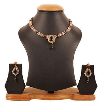 Touchstone Indian Bollywood Traditional Handcrafted Colourful Designer Jewelry Necklace Set in Red Or Green Tone for Women.