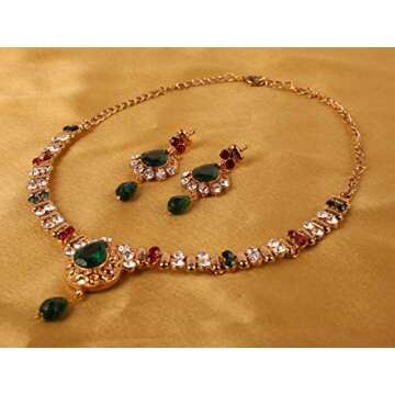 Touchstone Indian Bollywood Traditional Handcrafted Colourful Designer Jewelry Necklace Set in Red Or Green Tone for Women.