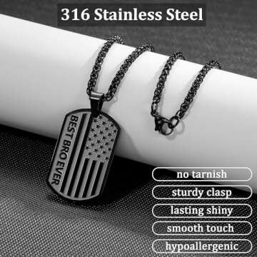 HEYOLL Gifts for Brother from Sister, To My Brother Dog Tag Necklace Best Brother Ever American Flag Pendant Jewelry Presents Valentines Birthday Christmas Gifts Men Teenage Boys Ages Black