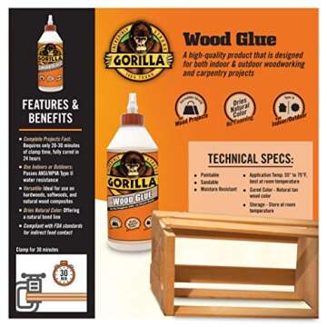 Gorilla Wood Glue, Indoor & Outdoor Carpentry Projects, Paintable, Sandable, Moisture Resistant, Clamping, Natural Color, 36oz Bottle, (Pack of 1)