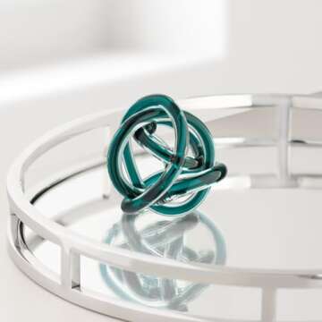 Torre & Tagus Orbit Hand Blown Glass Infinity Knot Sculpture - 3 Inch Glass Art Teal Knot Decor Ball for Home Decor, Small Centerpiece Table Decoration for Home Interior (Clear Teal)