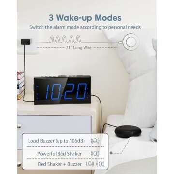 Loud Alarm Clock with Bed Shaker, Vibrating Alarm Clock for Heavy Sleepers Hearing Impaired Deaf Teens, Dual Alarm Clock with 7.5’’ Large LED Display, USB Charger, Dimmer, Snooze & Battery Backup