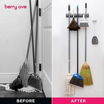 Berry Ave Broom Holder Wall Mount and Garden Tool Organizer, Closet Storage, Kitchen Rack, Home Organization and Garage Organizer for Rake or Mop Handles Up to 1.25-Inches, Hanger Plus 6 Hooks (Grey)