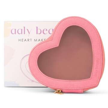 Aaly Beauty Heart Makeup Bag – Pink Heart Cosmetic Bag with Clear Cover – Gift Ideas for Women, Mom, Girlfriends, Her - Large Capacity for Full Size Makeup, Skincare and Brushes