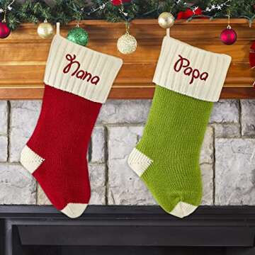 Let's Make Memories Personalized Solid Knit Christmas Stocking – Custom Family Stockings - Keepsake Holiday Décor – Green w/White Cuff Design - Embroidered Customize Name up to 12 Letters- 8.5"x18"