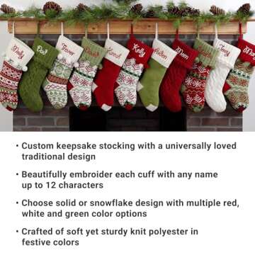 Let's Make Memories Personalized Solid Knit Christmas Stocking – Custom Family Stockings - Keepsake Holiday Décor – Green w/White Cuff Design - Embroidered Customize Name up to 12 Letters- 8.5"x18"