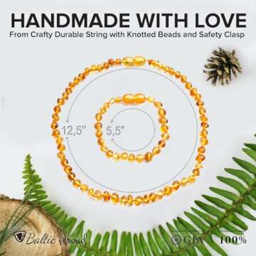 Baltic Amber Necklace and Bracelet Gift Set (Unisex Honey 12.5 Inches/5.5 Inches) - Certified Premium Quality Raw Baltic Sea Amber