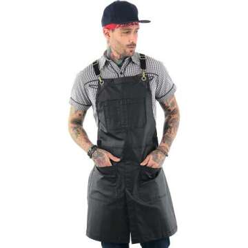 Under NY Sky Cross-Back Panther Black Apron – Coated Twill with Leather Reinforcement and Split-Leg – Adjustable for Men and Women – Pro Barber, Tattoo, Hair Stylist, Barista, Bartender, Server Aprons