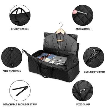 Convertible Carry on Garment Bag,Garment Duffle Bags for Hanging Clothes - 2 in 1 Hanging Suitcase Suit Travel Bags Weekend Flight Bag with Shoe Pouch for Men Women Black