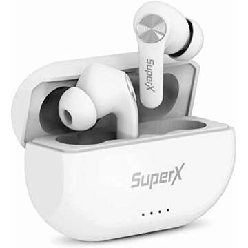 SuperX Bluetooth 5.0 Wireless Earbuds with Charging Case IPX5 Sweatproof Headset/Headphones in Ear Built in Mic Industrial Leading TWS Sound with Sport Pumping Bass - Platinum Silver