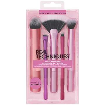 Real Techniques Artist Essentials Makeup Brush Set, For Foundation, Blush, Highlighter, Eyeshadow, & Liner, Professional Makeup Tools, Synthetic Bristles, Vegan & Cruelty-Free, 5 Piece Set