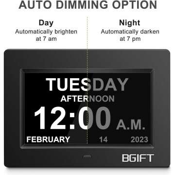 Digtal Clock with Day and Date for Seniors, Large LCD Time Display, Auto Dimmable, 12 Alarm Settings - Best Gift for Elderly