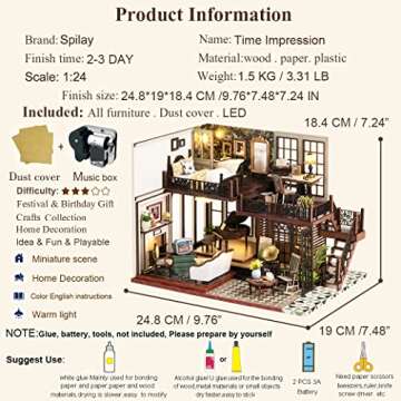 Spilay DIY Miniature Dollhouse Wooden Furniture Kit,Handmade Mini Crafts Retro Villa Model with Dust Cover & Music Box,1:24 Creative Room Idea Gift for Adult Friend Lover (Time Impression)