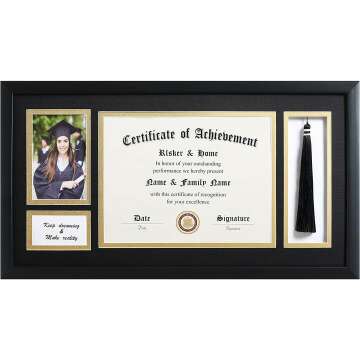 ELSKER&HOME 11x22 Diploma Frames with Tassel Holder for 8.5x11 Certificate Document Shadow Box, 4x6 Graduation Photo, Matte Black Frame, Degree Double Mat, Black with Gold Rim