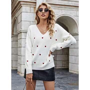 Elysa Kees Womens V Neck Heart Print Sweater Valentine Chunky Pullover Knitwear Long Sleeve Embroidery Jumper Tops (White,Large)