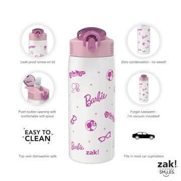 Zak Designs Barbie Water Bottle for Travel and At Home, 19 oz Vacuum Insulated Stainless Steel with Locking Spout Cover, Built-In Carrying Loop, Leak-Proof Design (Barbie)