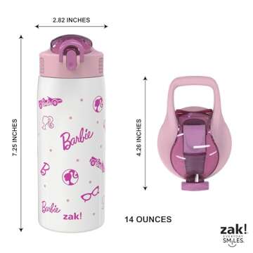 Zak Designs Barbie Water Bottle for Travel and At Home, 19 oz Vacuum Insulated Stainless Steel with Locking Spout Cover, Built-In Carrying Loop, Leak-Proof Design (Barbie)