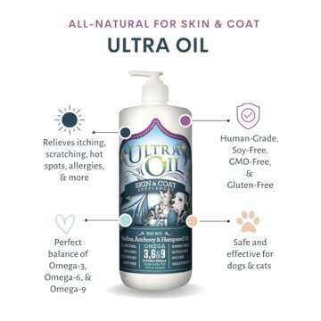 Ultra Oil Skin and Coat Supplement for Dogs & Cats - Hemp Seed Oil, Flaxseed Oil, Grape Seed Oil, Fish Oil for Relief from Dry Itchy Skin, Dandruff, and Allergies (8oz)