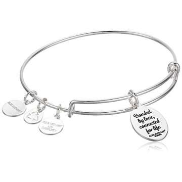 Alex and Ani Because I Love You Mom Expandable Wire Bangle Bracelet for Women, Bonded by Love Charm, Shiny Antique Silver Finish, 2 to 3.5 in