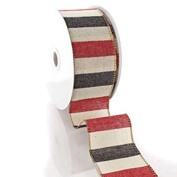 Ribbon Traditions Wide Stripe Wired Ribbon 2 1/2" By 10 Yards - Red/Navy/Off- White