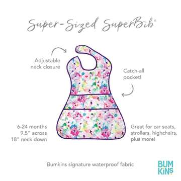 Bumkins Bibs for Girl or Boy, SuperBib Baby and Toddler for 6-24 Mos, Full Cover Large Oversize, Essential Must Have for Eating, Feeding, Car Seat, Baby Led Weaning, Mess Saving, Watercolors Floral