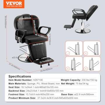 VEVOR Hydraulic Reclining Barber Chairs, 360° Swivel with Heavy-Duty Steel Frame, Max Load Weight 330 lbs, Beauty Salon Equipment for Spa, Tatoo and Hairdresser, Black