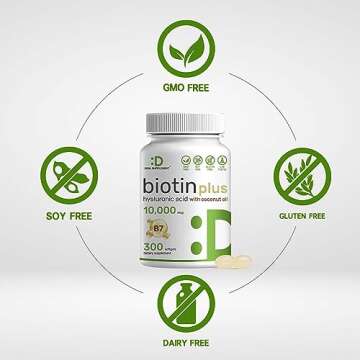 Biotin 10000mcg Plus Hyaluronic Acid 25mg with Coconut Oil, 300 Softgels, Bioavailable Biotin (Vitamin B7) Supplement, Promote Healthy Hair, Skin & Nails for Women and Men, Gluten Free, Non-GMO