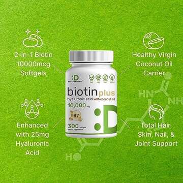 Biotin 10000mcg Plus Hyaluronic Acid 25mg with Coconut Oil, 300 Softgels, Bioavailable Biotin (Vitamin B7) Supplement, Promote Healthy Hair, Skin & Nails for Women and Men, Gluten Free, Non-GMO