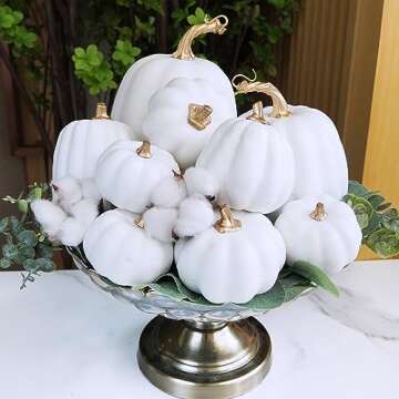 Winlyn 10 Pcs Assorted White Artificial Pumpkins Harvest White Pumpkins Decorative Pumpkins Foam Rustic Fall Pumpkins for Autumn Fall Wedding Thanksgiving Halloween Props Home Seasonal Mantel Décor