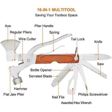 Camping Multitool, Anumit 16 in 1 Survival Gear kit for Hiking Fishing Outdoor, Creative & Cool Gifts for Men Women, Stainless Steel Car Tool with Hammer Axe Knife Bottle Opener Screwdriver etc