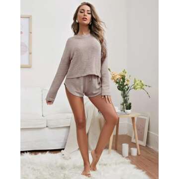 Ekouaer Womens Waffle Knit Pajama Sets Long Sleeve Top and Shorts Matching Lounge Set-Gift for wife