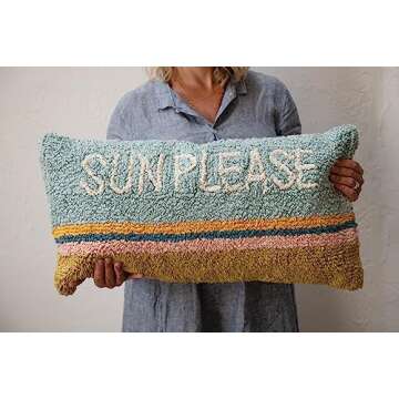 Creative Co-Op Woven Cotton Punch Hook Lumbar Pillow with "Sun Please" Design, Multicolor