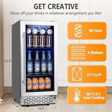 Phiestina 15" Beverage Refrigerator: 96 Can Beverage Cooler with Glass Door