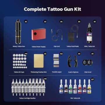 Tattoo Gun, Solong Complete Tattoo Kit Rotary Tattoo Machine for Beginners and Artists Professional Tattoo Gun Kit with Tattoo Catridges Needles and Tattoo Ink(60 Piece Set)