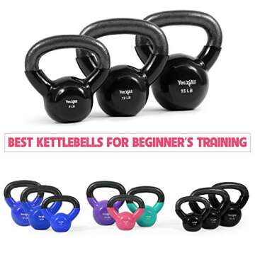 Yes4All Kettlebells 5 10 15 lbs Set Weight Vinyl Coated Cast Iron for Dumbbell Weights Exercises, Gym, Fitness, Full Body Workout Equipment Push up, Grip and Strength Training, Black