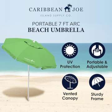 CARIBBEAN JOE Beach Sun Umbrella, Portable and Adjustable Tilt, UV Protection, Great for Outdoor, Vented Canopy, Full 7 ft Arc, Green