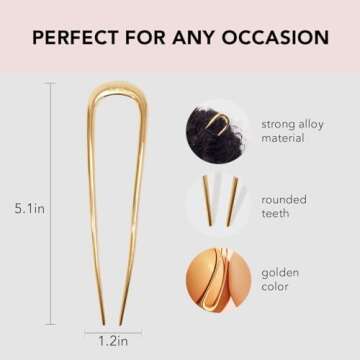 Kitsch Metal French Hair Pins for Women, Gold French Pins for Thick Hair, U Shaped Hair Pins, Metal Hair Pin for All Hair Types, Hair Sticks for Buns, French Twist Hair Pin, Hair Fork - 1pc Gold