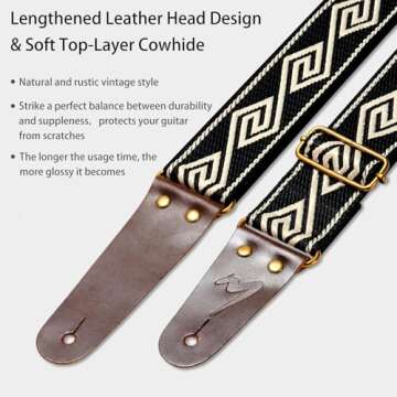 MUSILY Guitar Strap, Modern Embroidery Cotton & Extended Leather Ends for Bass, Acoustic & Electric Guitar Excellence, Enjoy Comfort and Style in Your Performances! (Diamond Fret)