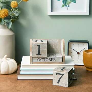 Wooden Perpetual Block Calendar for Desk, Wood Month Date Display Blocks for Teachers, Students, Classroom, Rustic Farmhouse Office Decor, Desk Accessories (5 x 4 In)