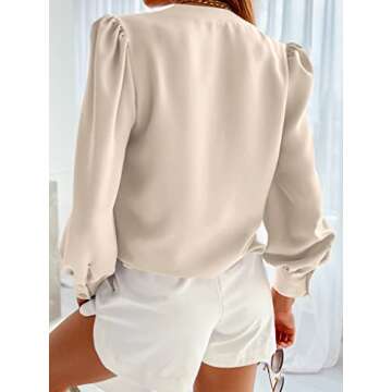 Women's Business Casual Tops Summer Long Sleeve Silk Button Down Shirts V Neck Chiffon Blouses A-Beige