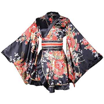 HongH Kimono Bathrobe Costume Japanese Traditional Yukata Cosplay Women's Sexy Sakura Pattern (Black), Large