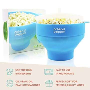 Original Colonel Popper Healthy Microwave Popcorn Maker - LFGB Food Grade Certified BPA Free Popcorn Poppers (Classic Blue)