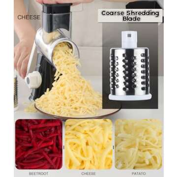 Ourokhome Rotary Cheese Grater Hand Crank, Kitchen Shredder Speed Mandolin Slicer Nuts Grinder with Handle and Drum Blades for Cheese, Vegetable, Walnut, Chocolate, Potato, Carrot, 3 Blades, Black